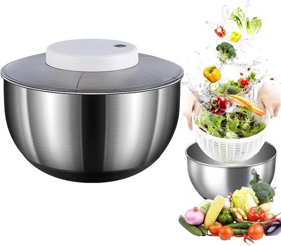 RVS salade centrifuge 4.5L met automatisch pendulummechanisme, antislip bodem en oplaadbare dehydratator voor fruit en groenten, ideaal voor verse salades en groentebereiding