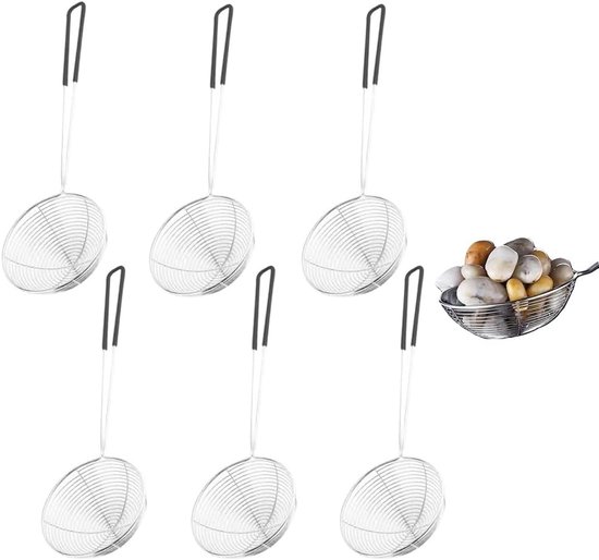 RVS Zeef Set 6 Stuks - Parelvormige Lepelzeef voor Hot Pot - Draadhandvat Kookzeef - Geschikt voor Gehaktballen en Soep - Keukenoliefilter voor Frituurvet - Zwarte Zeef met Drie Afmetingen