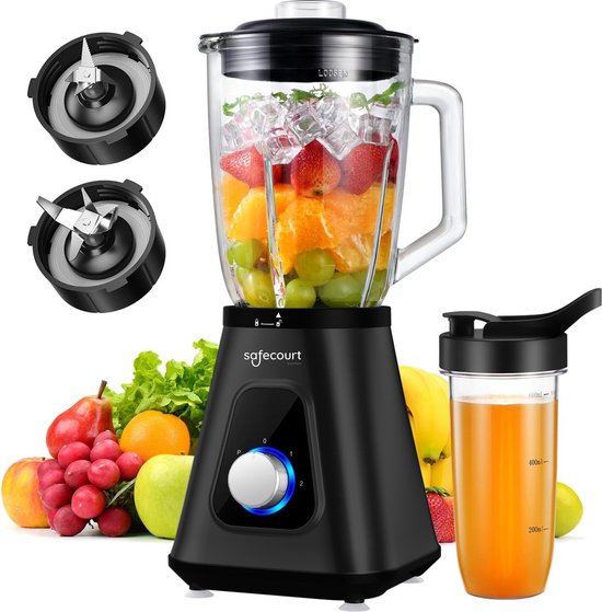 Safecourt Kitchen Blender - 1,5L Glas & 600ml To-Go beker - 1300W Smoothie maker - Krachtig, stil en eenvoudige reiniging van Safecourt Kitchen