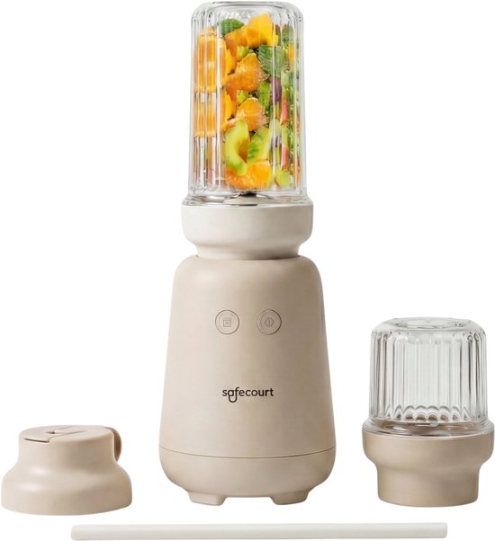 Safecourt Kitchen PureBlend - 1000W Smoothie maker - BPA vrij - inclusief to-go drinkdeksel + rietje- Premium Tritan blendbekers - Beige van Safecourt