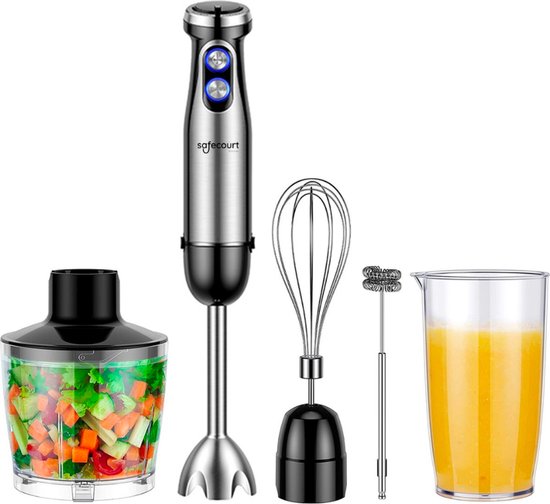 Safecourt Kitchen Staafmixer 6-in-1 set – Inclusief Hakmolen, garde, melkopschuimer & Maatbeker – krachtig & vaatwasserbestendig – 20 snelheden + turbofunctie – 1000W – PFAS-vrij van Merkloos