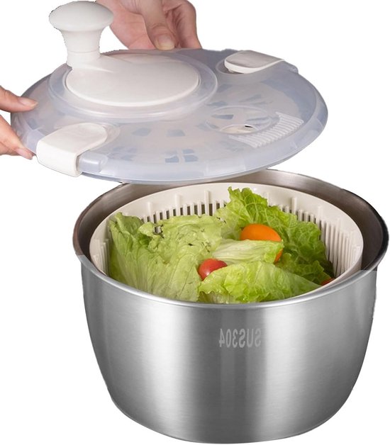 Salade Spinner - Groente Droger - Gezond Eten Bereiden - Roestvrijstalen Kom - 5 Liter - Zilver