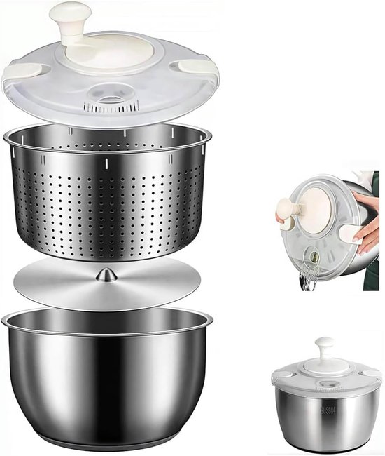 Saladecentrifuge - Groente Fruitwasser - Keuken Efficiëntie - Snel Centrifugeren - 6 Liter Capaciteit - Zilver