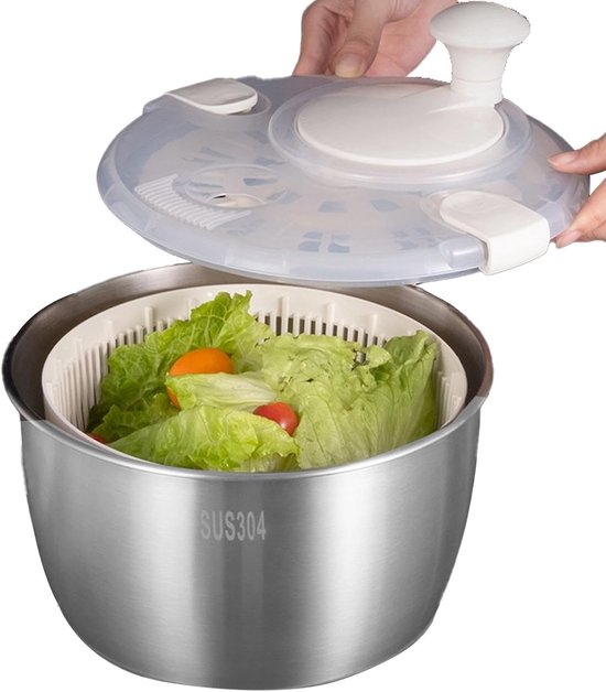 Saladespinner - Groente Droger - Snel Groenten Wassen - Roestvrijstalen Kom - 22 cm Hoog - Zilver