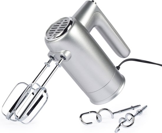 Salter Aspen Easy-Store-handmixer - Elektrische bakgarde, mixkloppers en deeghaken, opbergvoet, 5 snelheidsinstellingen met turbofunctie, uitwerpfunctie, 300 W, zilver van Salter