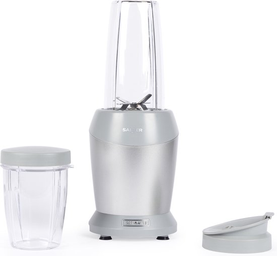 Salter Aspen NutriPro-blender – compacte persoonlijke blender, mini-smoothiemaker, blenderkan van 1 liter met opbergdeksel, drinkbeker van 800 ml, afneembaar mes met 6 vleugels, BPA-vrij, 1000 W, zilver van Salter