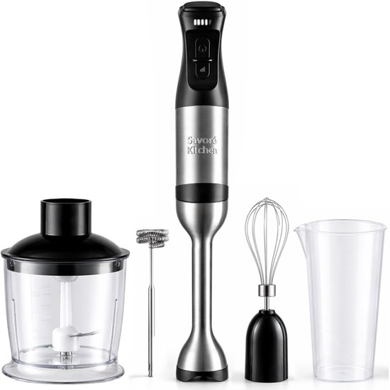 Savoré Kitchen Staafmixer Pro+ 1500W – Mixer Set met Hakmolen 600ml, Garde, Melkopschuimer en Maatbeker – 5 Snelheden – 6 Messen – RVS van Merkloos