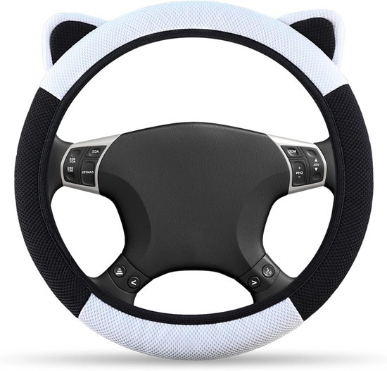 Schattige Stuurwielhoes voor Vrouwen met Oortjes, Antislip Universele Stuurhoes voor Auto's in Alle Seizoenen (Wit & Zwart) - Perfecte Bescherming, Comfort en Stijl van Merkloos