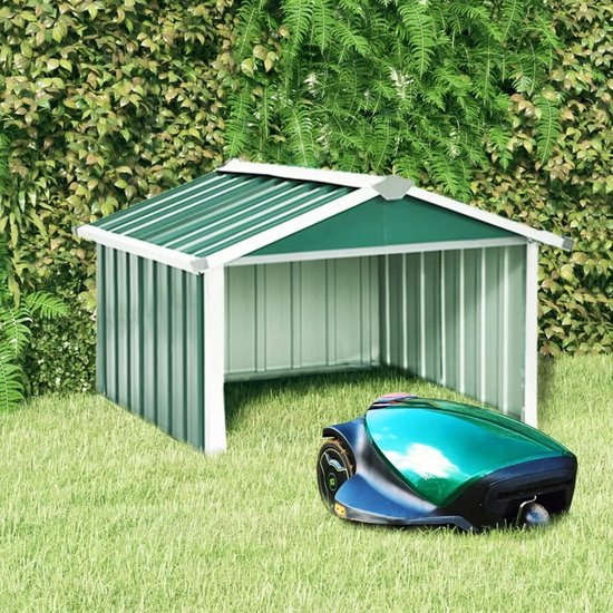 Schuur voor grasmaaier, grasmaaier, garage, voor robot, grasmaaier, verzinkt staal, groen, 92 x 97 x 63 cm