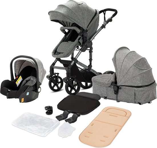 Seastone - Luxe 3-in-1 Kinderwagen - Wandelwagen - Autostoeltje - Buggy - Reiswieg - Inklapbaar - 0-36 Maanden - Grijs van Seastone