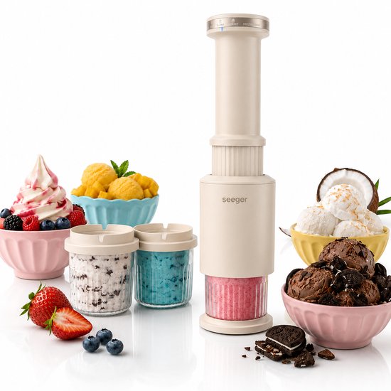 Seeger CompactCream - 5-in-1 IJsmachine - Inclusief 3 Bekers met Deksels - Gemakkelijk op te bergen - Voor IJs, Sorbet en meer - BPA-vrij - Beige