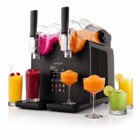 Seeger SuperSlush Twin - Dubbele Slush Machine voor Thuis - 7 Programma's - Geen IJs nodig - Slush Puppy Maker - Slushi, Granita, Frappé, Milkshakes en meer - Zelfreinigingsmodus - Zwart