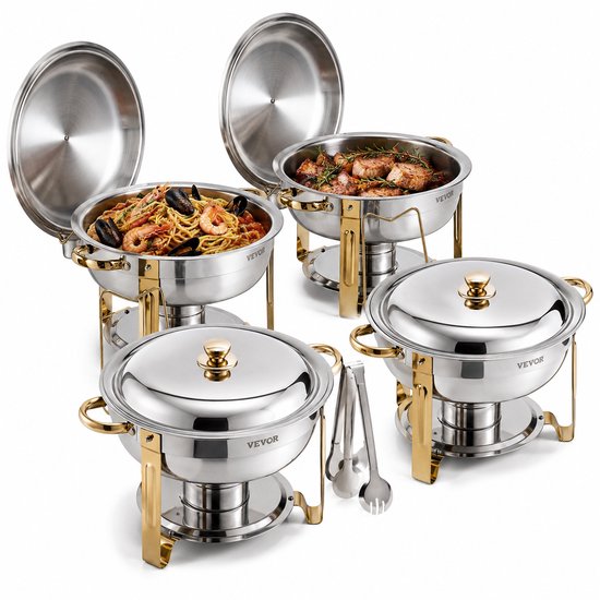 Sello! chafing dish set – set van 4 – warmhoudschalen – buffet– koud en warm– 4,7L per pan – luxe gouden afwerking – rvs
