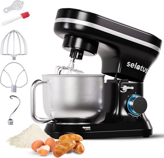 Selotus Keukenmixer - 6L RVS mengskom - 3x opzet stuk erbij - Likker - keukenmachine - foodprocessor - keukenrobot - 1400W - Zwart van Selotus