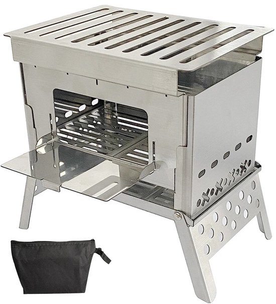 Serolux® - Draagbare Houtkachel Voor Kamperen - Camping Oven - Kampeer Kachel - Camping Kooktoestel - Camping Accessoires - Met tas - 21x19x13cm - Zilver van Serolux