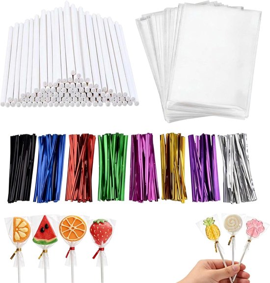 Set 200 Stuks Papieren Lollystokjes 10 cm 200 Transparante Zakjes 6 x