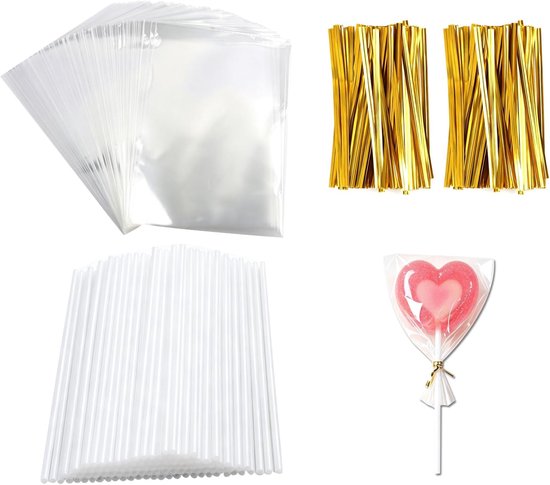 Set met 300 stokjes en verpakkingen voor taarten, inclusief 100 eetpapieren stokjes, 100 transparante zakjes en 100 gouden banden, bakaccessoires voor feestjes en evenementen