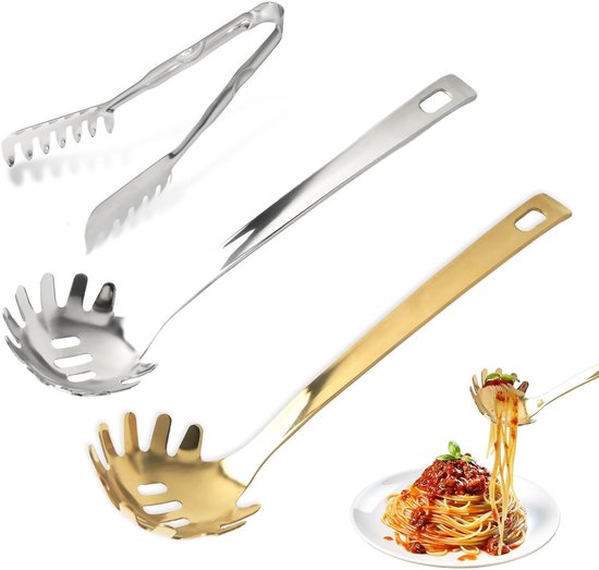 Set of 3 spaghetti tongs, serrated fork, spaghetti tongs, stainless steel, silver, pasta spoon, gold spaghetti spoon - ShopVlot