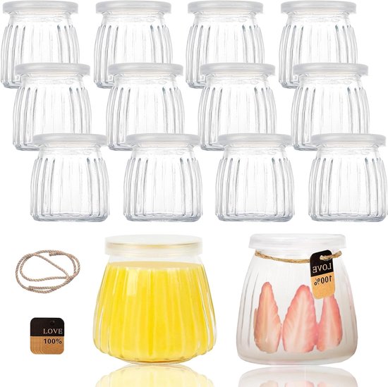 Set van 12 glazen dessertpotjes van 200 ml met deksel, ideaal voor jam, yoghurt, honing en muesli