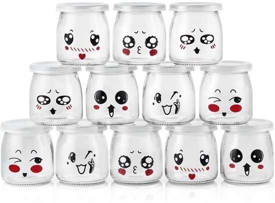 Set van 12 glazen potten met deksel voor yoghurt, desserts en bewaren (200ml)