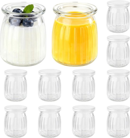 Set van 12 glazen yoghurtpotjes met deksel, 150 ml, ideaal voor yoghurt en pudding van Merkloos