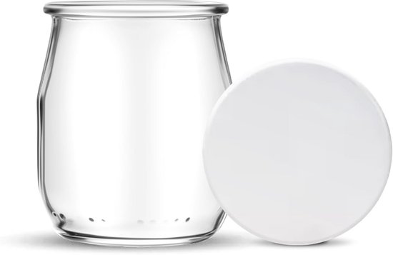 Set van 12 glazen yoghurtpotten met deksel, Franse kwaliteit