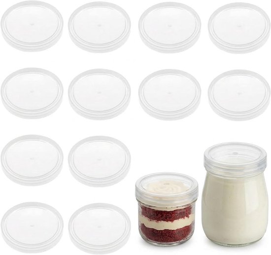 Set van 12 herbruikbare deksels voor yoghurtpotten van 75 mm, transparant en ideaal voor het bewaren van verse yoghurt en andere zuivelproducten