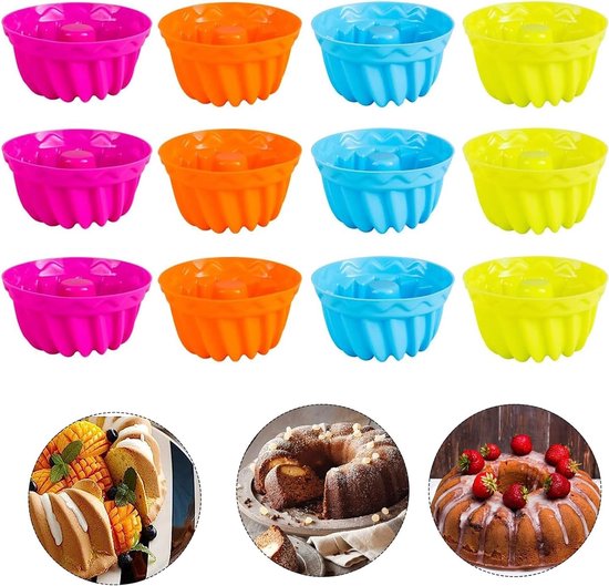 Set van 12 Herbruikbare Mini Gugelhupf Siliconen Bakvormpjes in Rood, Oranje, Groen en Blauw voor Feestjes en Verjaardagen van Merkloos