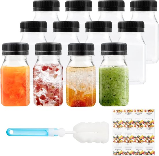 Set van 12 Herbruikbare Plastic Flessen met Lekvrije Doppen voor Sap, Smoothies en Juicer Shots (120ml) met Schoonmaakborstel voor Mini Koelkast van Merkloos