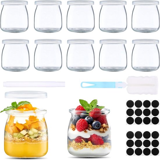 Set van 12 Kleine Glazen Yoghurtpotjes met Deksel, 200 ml, Herbruikbaar, Mini Puddingpotjes met Labels en Kwast, Transparante Potjes voor Yoghurt, Havermout en Specerijen