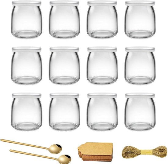 Set van 12 multifunctionele 200 ml dessertglazen met deksel en lepel, ideaal voor yoghurt, pudding en jam, transparant met etiket en koord van Merkloos