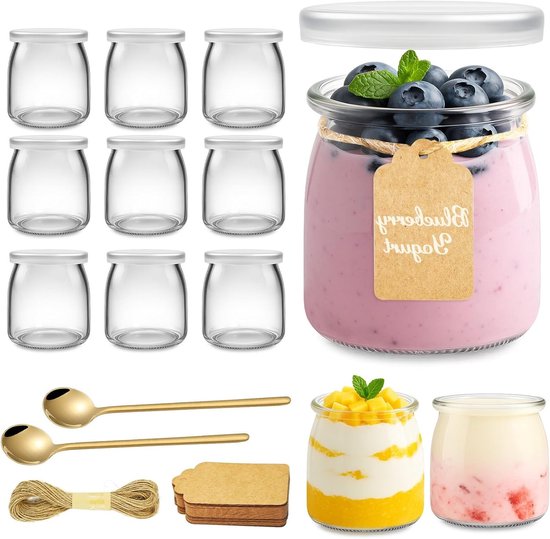 Set van 12 multifunctionele 200ml dessertglazen met deksel en lepel voor yoghurt, pudding en jam