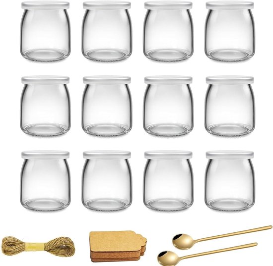 Set van 12 multifunctionele yoghurtglazen met deksel en lepel - Transparante dessertglazen voor yoghurt, pudding, jam en honing - Ideaal voor feestjes en buffetten