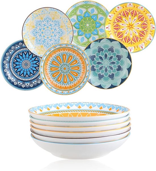 Set van 15 Porseleinen Pastaborden en Saladeschalen - Breed en Ondiep, Geschikt voor Magnetron en Vaatwasser - Ideaal voor Soepen en Salades (680ml)