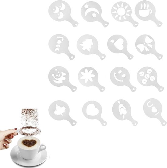 Set van 16 Koffiestencils voor Latte Art en Cappuccino Decoratie, Plastic Koffie Accessoires voor Barista's