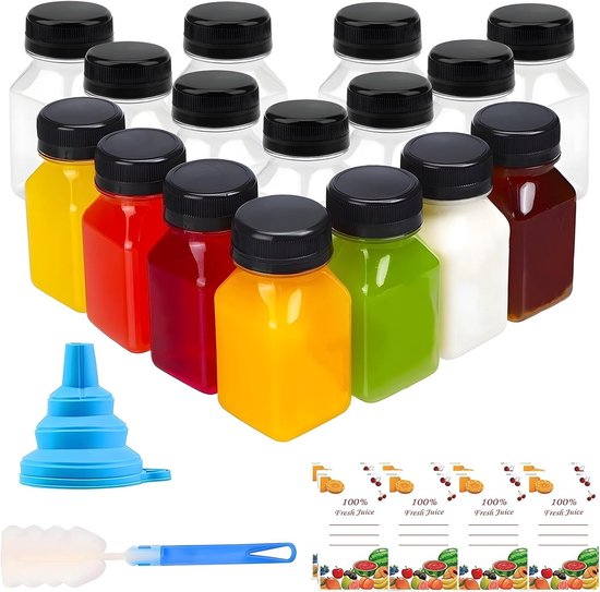 Set van 16 Mini Plastic Juice Bottles 120ml met Doppen, Labels, Trechter en Borstel - Herbruikbare Drinkcontainers voor Sap en Smoothies