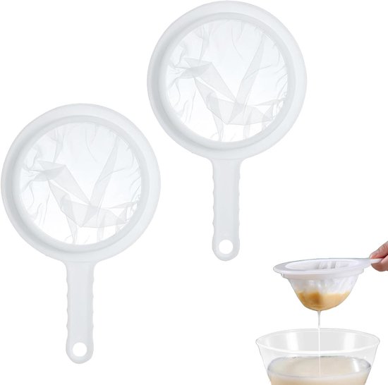 Set van 2 Fijne Zeef voor Haar en Keuken - Plastic Zeef met Extra Fijne Nylon Mesh en Antislip Handvatten voor het Filtreren van Kefir, Yoghurt en Wijn