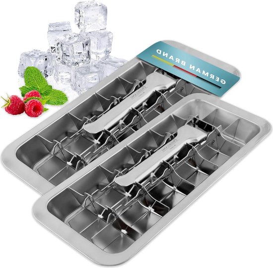 Set van 2 gepolijste 18-8 roestvrij stalen ijsblokjesvormen met hefboom-inzetstuk voor moeiteloos uitnemen - geschikt voor levensmiddelen en duurzame ijsblokjesvorm van Ivation