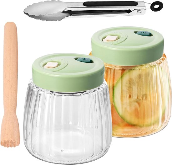 Set van 2 glazen fermentatiepotten van 1 liter met dubbele klep, ideaal voor kimchi, zuurkool en andere fermentaties, inclusief tangen en fermentor van Merkloos