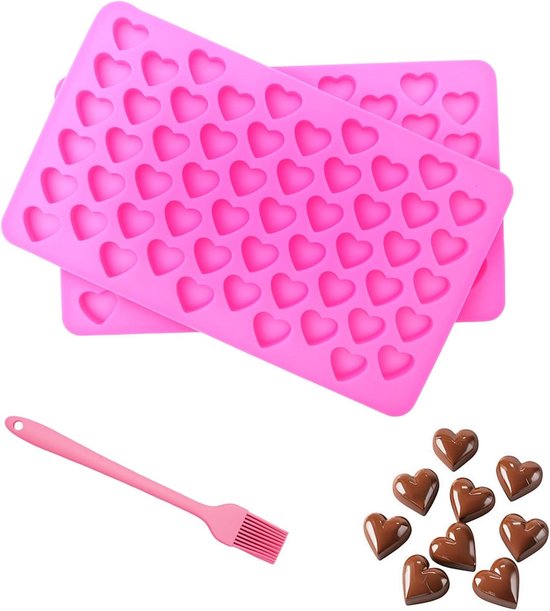 Set van 2 Hartvormige Siliconen Mallen voor Bakken met Silicone Kwast, Herbruikbare Mallen voor Chocolade, Pralines en IJsblokjes, Voedselveilig en Antiaanbak