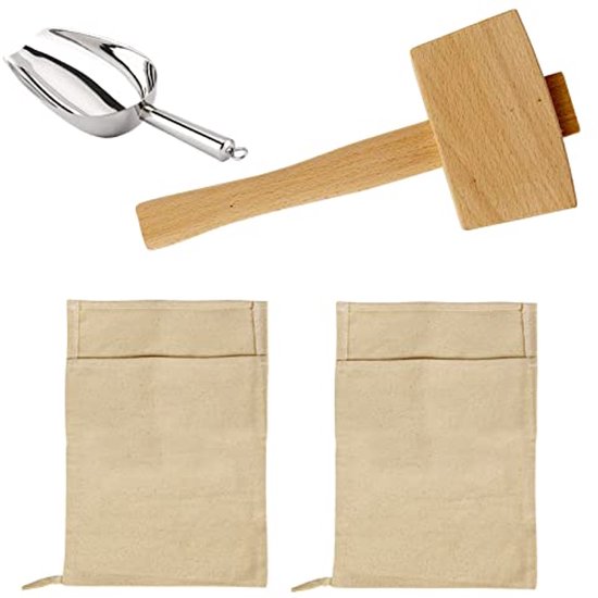 Set van 2 herbruikbare canvas ijszakken met houten hamer en ijsschep voor het verpletteren van ijs van Merkloos