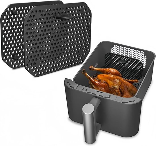 Set van 2 Herbruikbare Siliconen Spatdeksels voor Airfryer, Dubbele Mand Bedekking met Spatbescherming voor Koken en Bakken