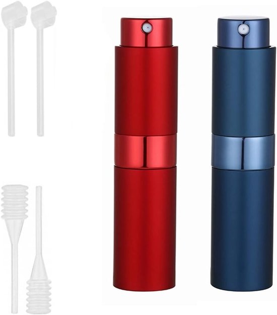 Set van 2 hervulbare parfum sprays van 10 ml voor reizen, ideaal als atomiser, geurverspreider en reisaccessoire in rood en blauw van Merkloos
