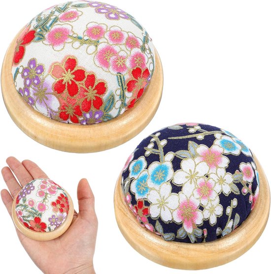 Set van 2 Japanse Stijl Naaldenkussens met Houten Basis en Katoenen Bloem, Ideaal voor Naaiwerk en Naaigerei Organisatie van Merkloos