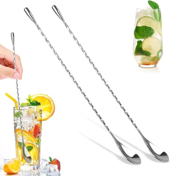Set van 2 lange roestvrijstalen cocktaillepels voor het mixen van drankjes, martini's en koffie van Merkloos