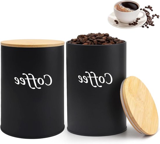 Set van 2 luchtdichte koffieblikken 500ml, koffiebonencontainer voor 1kg bonen, vacuüm koffieblik voor gemalen koffie en theeopslag in de keuken met bamboedeksel van Merkloos