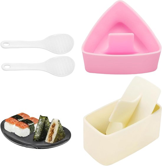 Set van 2 Onigiri Makers - Beige Rechthoekige en Roze Driehoekige Rijstvormers met Lepel voor Sushi en Rijstballen, Perfect voor Kinderen en Creatief Koken