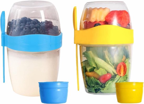 Set van 2 Ontbijtpotten van 850ml met Deksel en Lepel - Ideaal voor Yoghurt, Havermout, Muesli en Salades