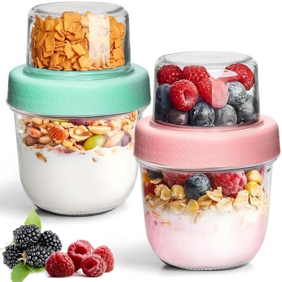 Set van 2 Overnight Mueslibekers met Deksel - Dubbellaags Ontwerp voor Yoghurt en Ontbijt To Go van Merkloos