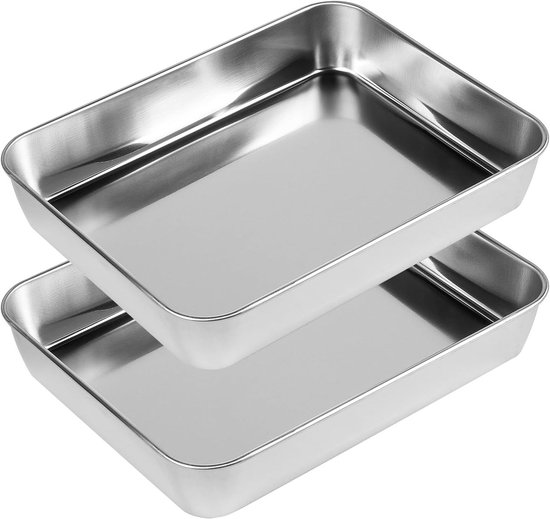 Set van 2 Rectangulaire Bakplaten van RVS, Vaatwasserbestendig, Ideaal voor Bakken en Koken, 26.5 x 20.5 x 4.8 cm van Merkloos